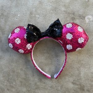 Disney Parks Sparkle Minnie Mouse Pink with  white Polka Dot Ears with Black Bow